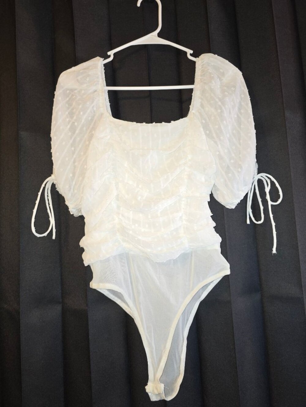 White Swiss Dot Puff Sleeve Bodysuit With Ruched Front By Lulus Size S